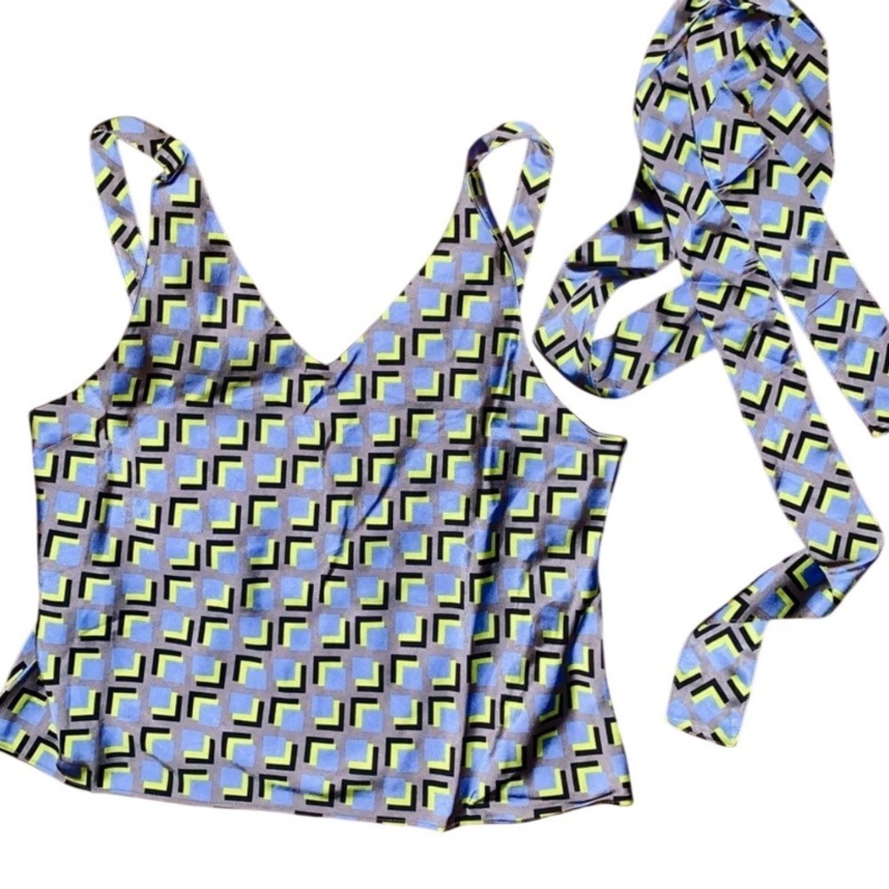 Wildfang The Empower Satin Cami Cubic Geometric Print V-Neck Tank Top XS NEW